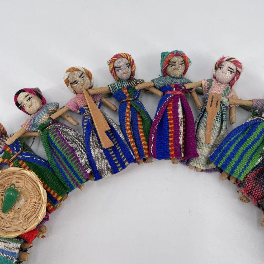 Handmade Guatemalan Worry Doll Wreath 12.5in Colorful FolkArt Wall Hanging Decor